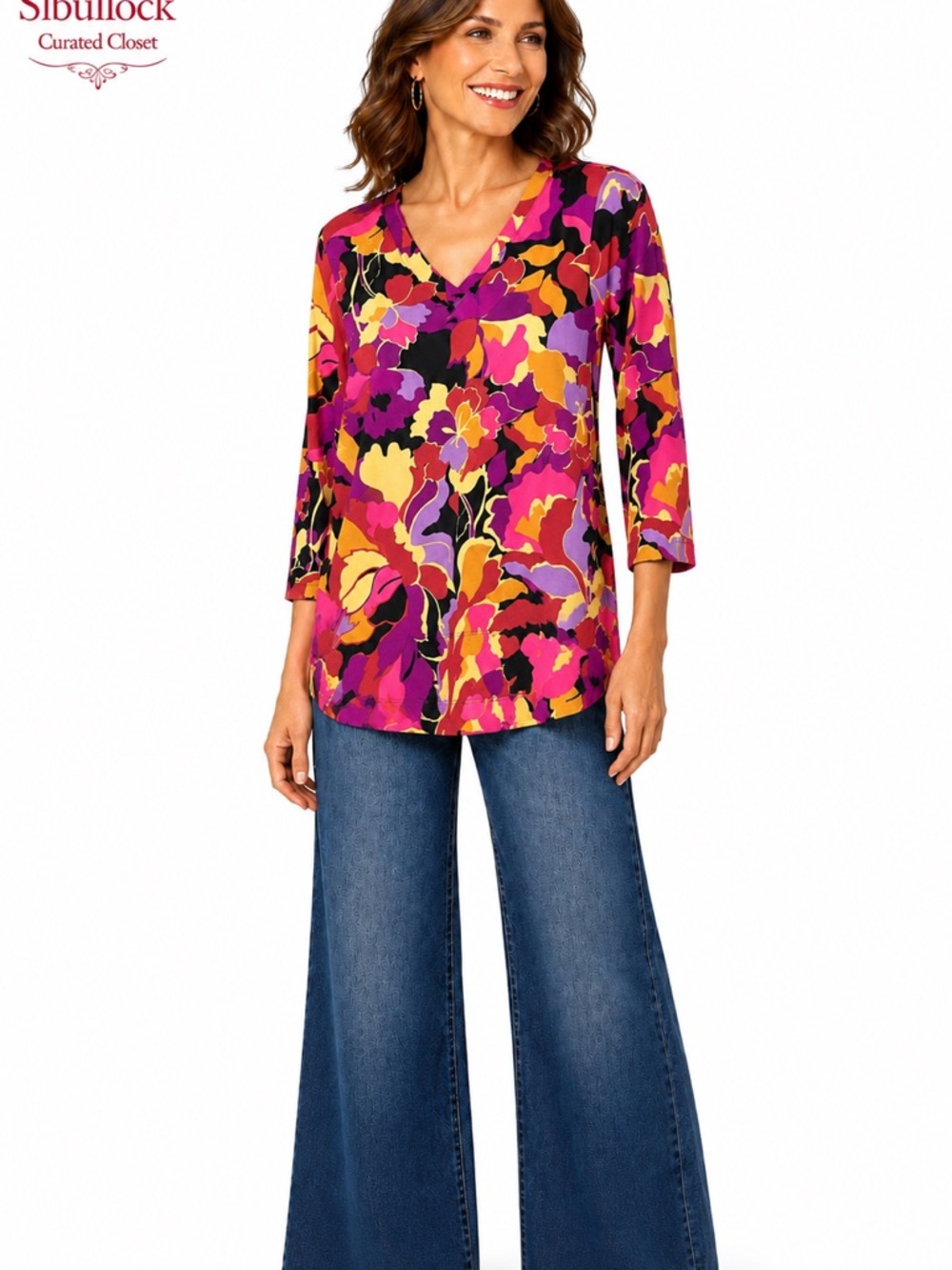 C1 Chico’s Size 2 (Large) 100% Pima Cotton Floral V-Neck 3/4 Sleeve Top NWOT